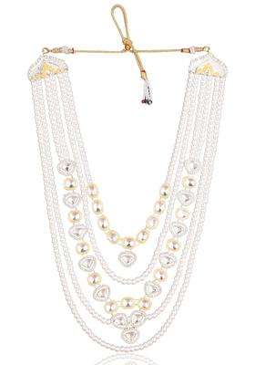 Jiyanshi Fashion Mens Gold Kundan and White Pearl Multi Layered Dulha Mala for Sherwani