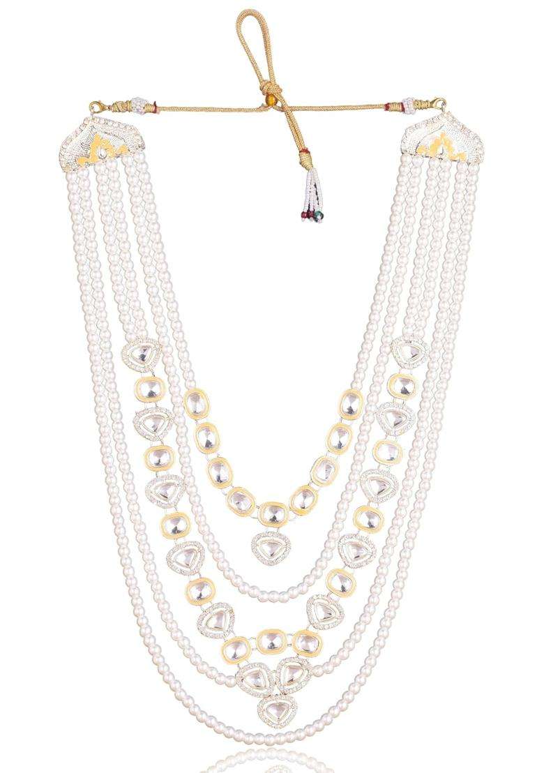 Jiyanshi Fashion Mens Gold Kundan and White Pearl Multi Layered Dulha Mala for Sherwani - Indya
