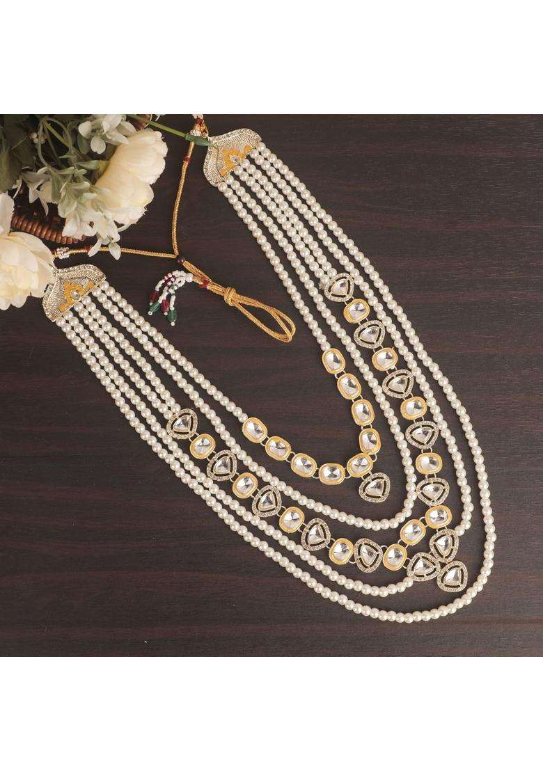 Jiyanshi Fashion Mens Gold Kundan and White Pearl Multi Layered Dulha Mala for Sherwani - Indya