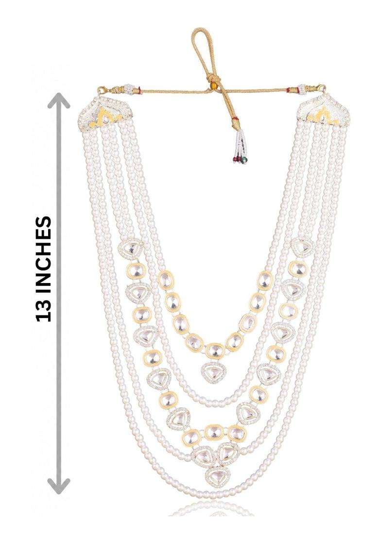 Jiyanshi Fashion Mens Gold Kundan and White Pearl Multi Layered Dulha Mala for Sherwani - Indya