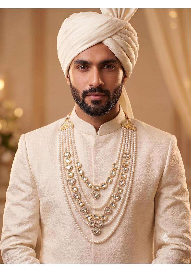 Jiyanshi Fashion Mens Gold Kundan and White Pearl Multi Layered Dulha Mala for Sherwani - Indya