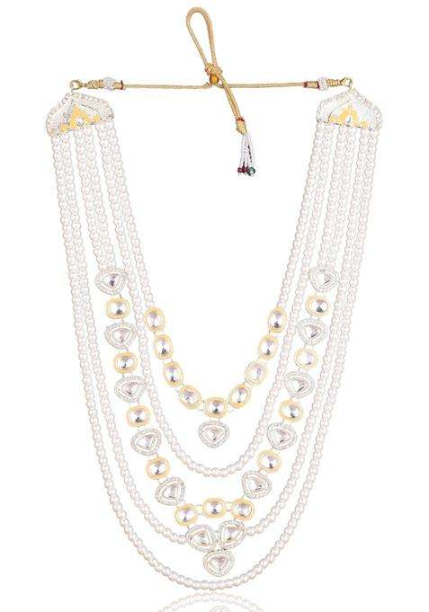 Jiyanshi Fashion Mens Gold Kundan and White Pearl Multi Layered Dulha Mala for Sherwani