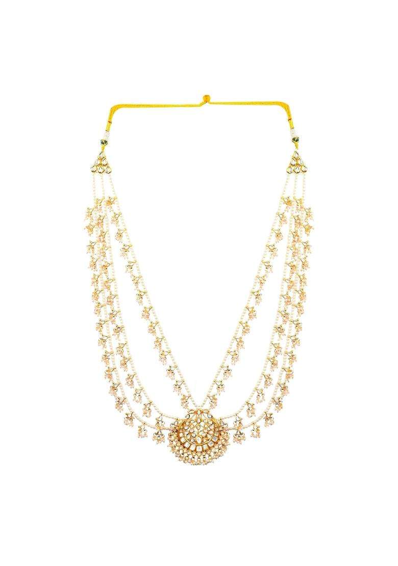 Jewellity Traditional Kundan Pearl Rani Haar Necklace Gold Plated Multi Strand Design with Centre Pendant - Indya