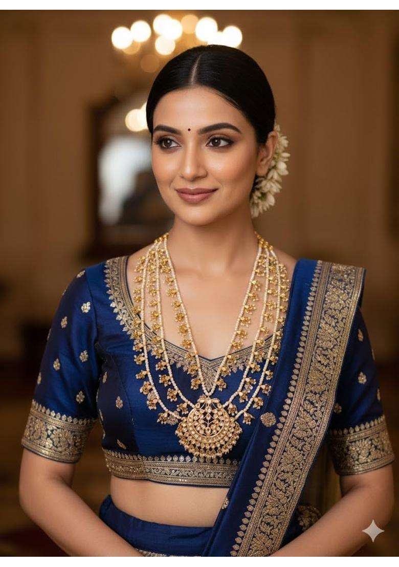 Jewellity Traditional Kundan Pearl Rani Haar Necklace Gold Plated Multi Strand Design with Centre Pendant - Indya