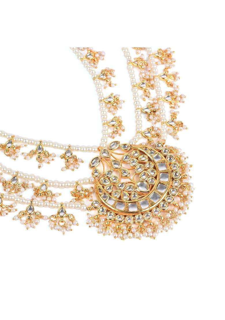 Jewellity Traditional Kundan Pearl Rani Haar Necklace Gold Plated Multi Strand Design with Centre Pendant - Indya