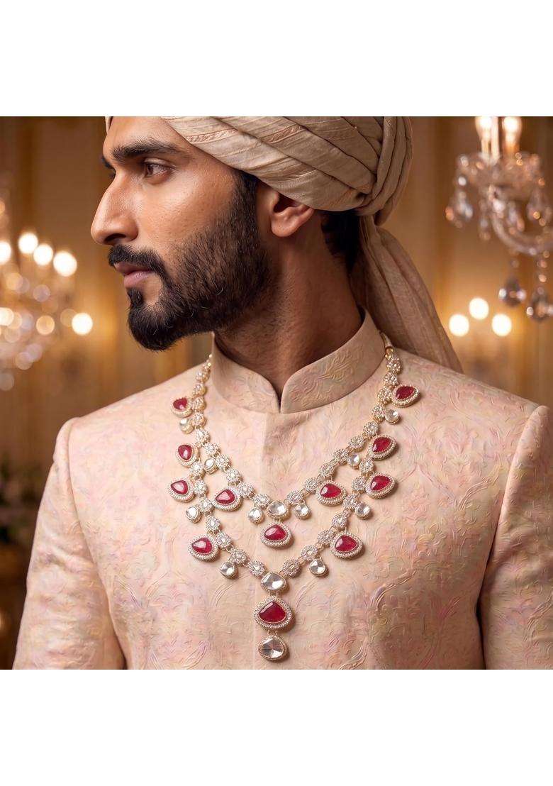 Jiyanshi Fashion Mens Emerald Green and Kundan Stone Groom Necklace - Indya