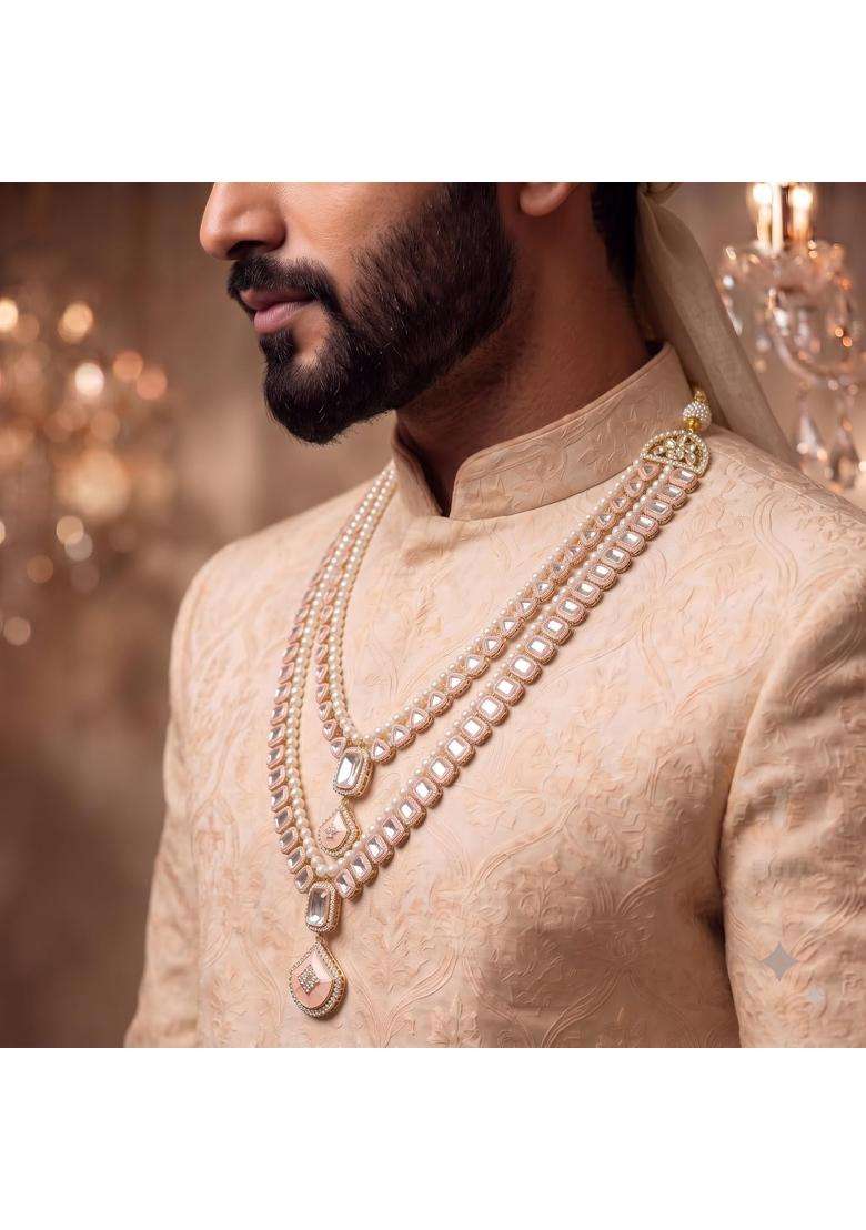 Jiyanshi Fashion Peach Mens Kundan and Pearl Dulha Mala - Indya