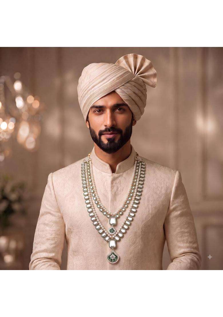 Jiyanshi Fashion Green Mens Royal Kundan and Pearl Dulha Mala for Sherwani - Indya