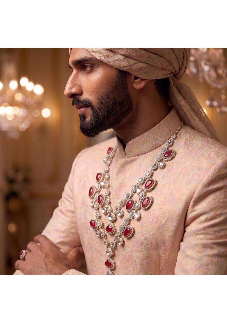 Jiyanshi Fashion Mens Emerald Green and Kundan Stone Groom Necklace - Indya