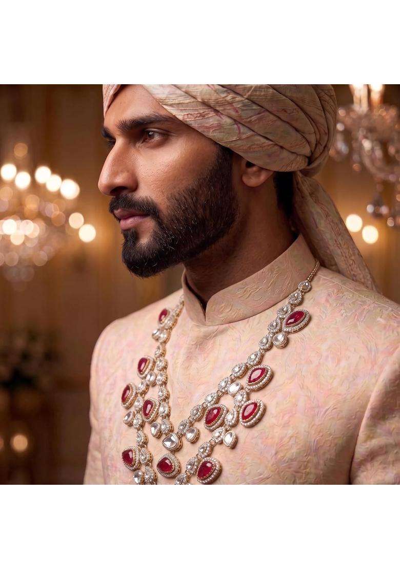 Jiyanshi Fashion Mens Emerald Green and Kundan Stone Groom Necklace - Indya