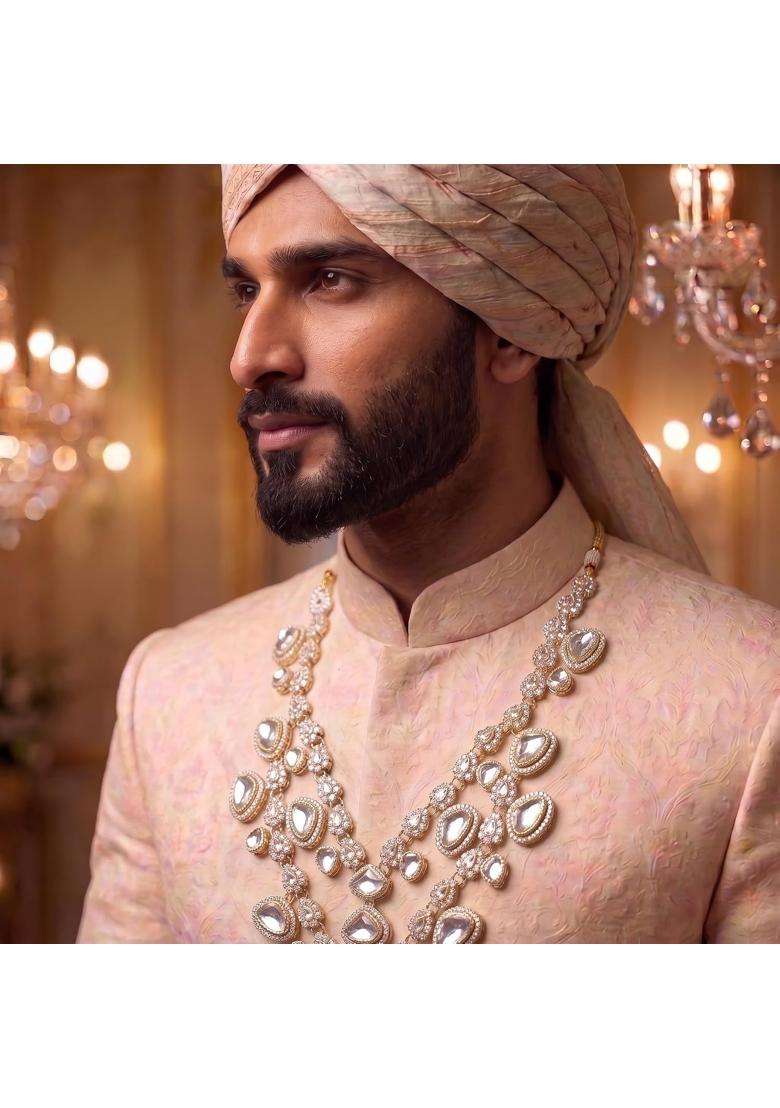 Jiyanshi Fashion Mens Emerald Green and Kundan Stone Groom Necklace - Indya