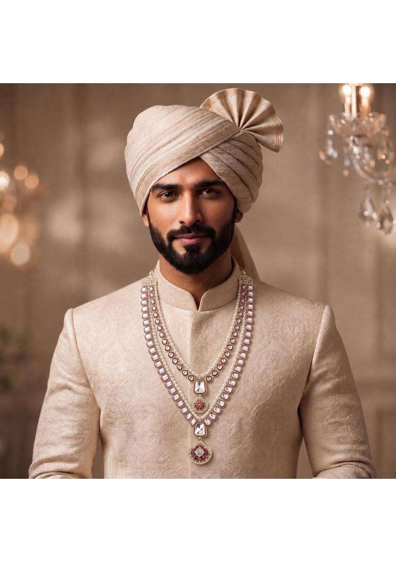 Jiyanshi Fashion Maroon Mens Pearl and Kundan Groom Necklace - Indya