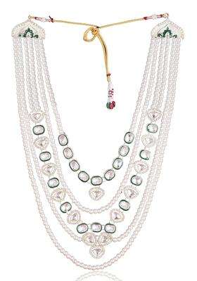 Jiyanshi Fashion Mens Green Kundan and Pearl Dulha Mala Multi Layered Necklace for Sherwani