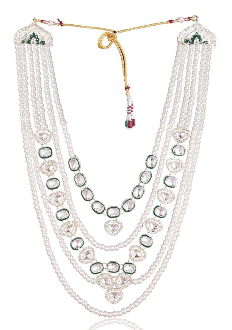 Jiyanshi Fashion Mens Green Kundan and Pearl Dulha Mala Multi Layered Necklace for Sherwani - Indya