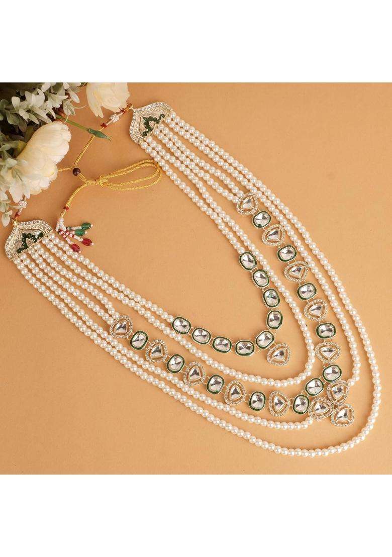 Jiyanshi Fashion Mens Green Kundan and Pearl Dulha Mala Multi Layered Necklace for Sherwani - Indya