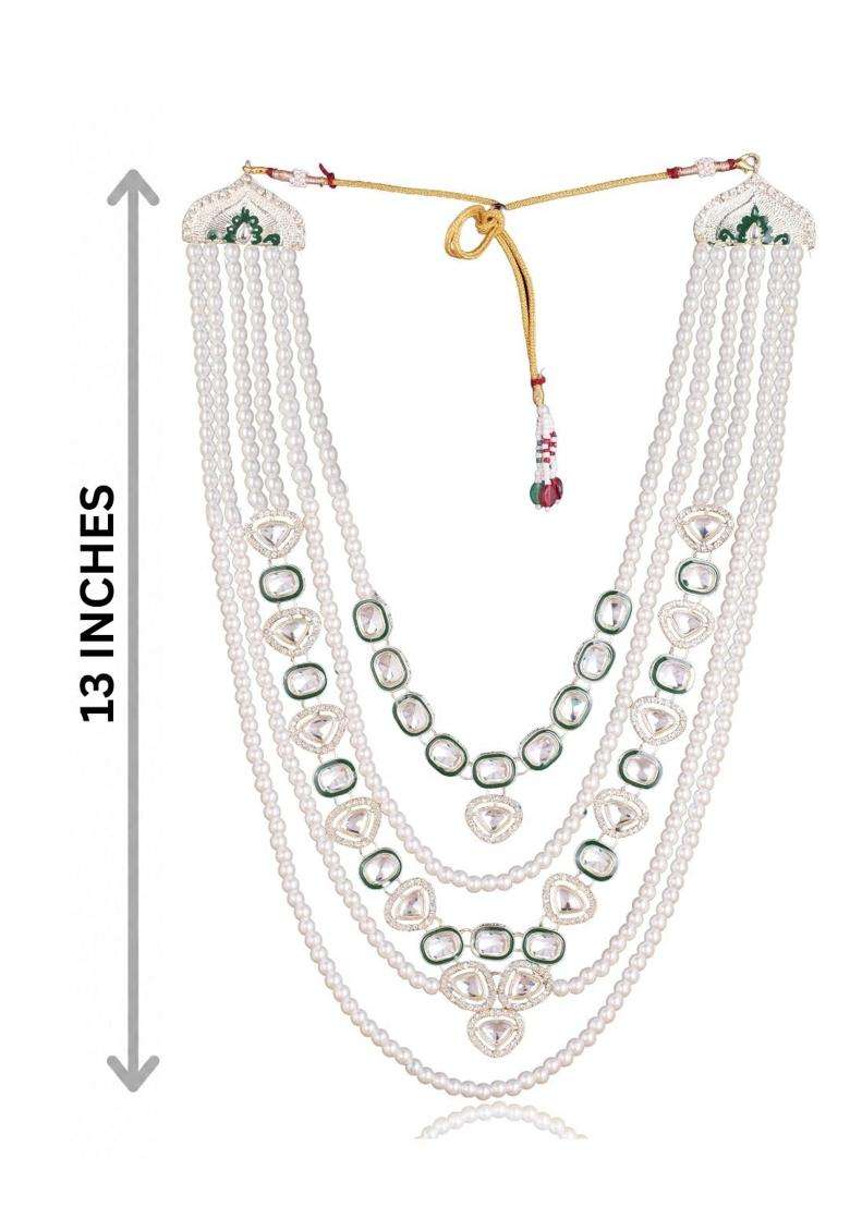 Jiyanshi Fashion Mens Green Kundan and Pearl Dulha Mala Multi Layered Necklace for Sherwani - Indya