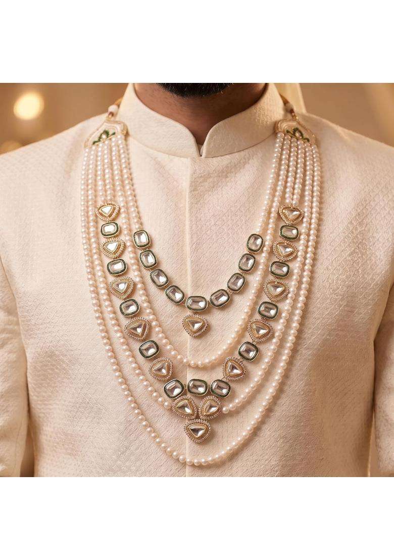 Jiyanshi Fashion Mens Green Kundan and Pearl Dulha Mala Multi Layered Necklace for Sherwani - Indya