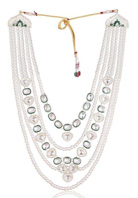 Jiyanshi Fashion Mens Green Kundan and Pearl Dulha Mala Multi Layered Necklace for Sherwani