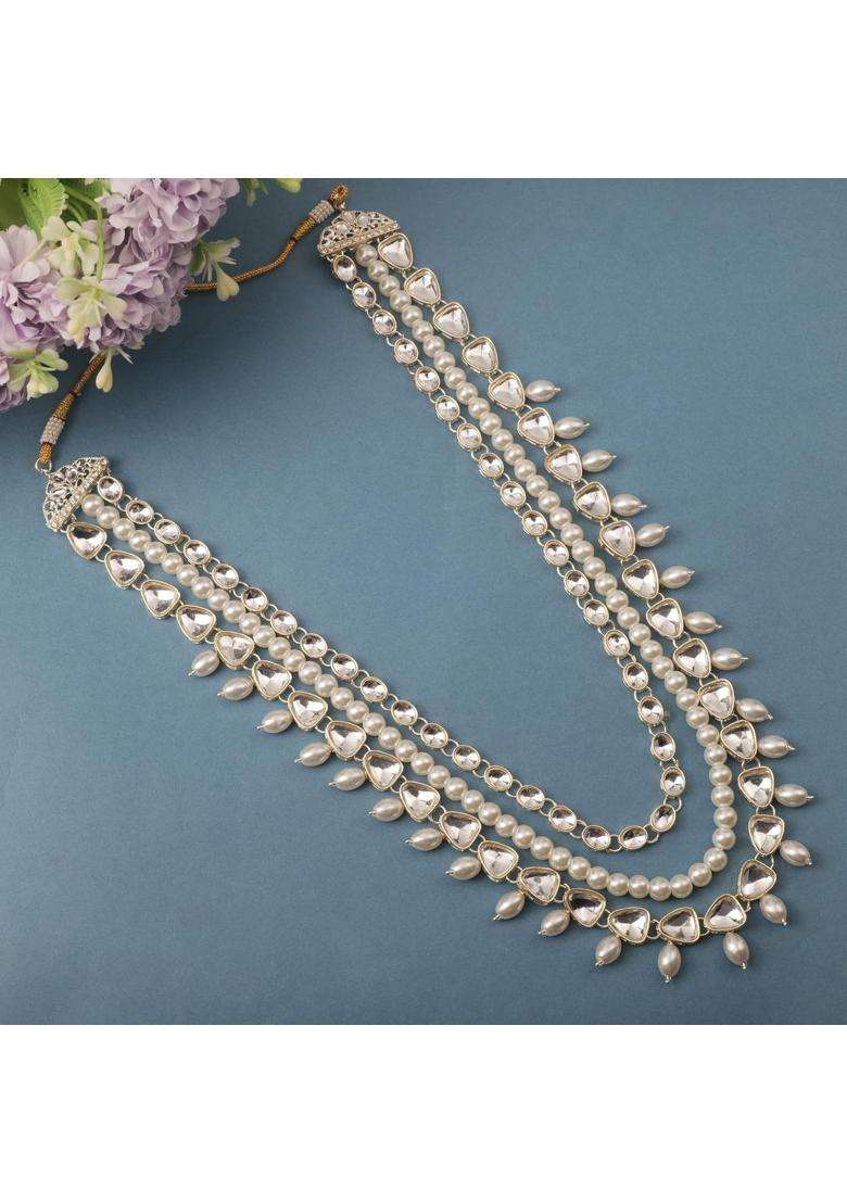 Jiyanshi Fashion White Royal Kundan and Pearl Groom Sherwani Mala - Indya
