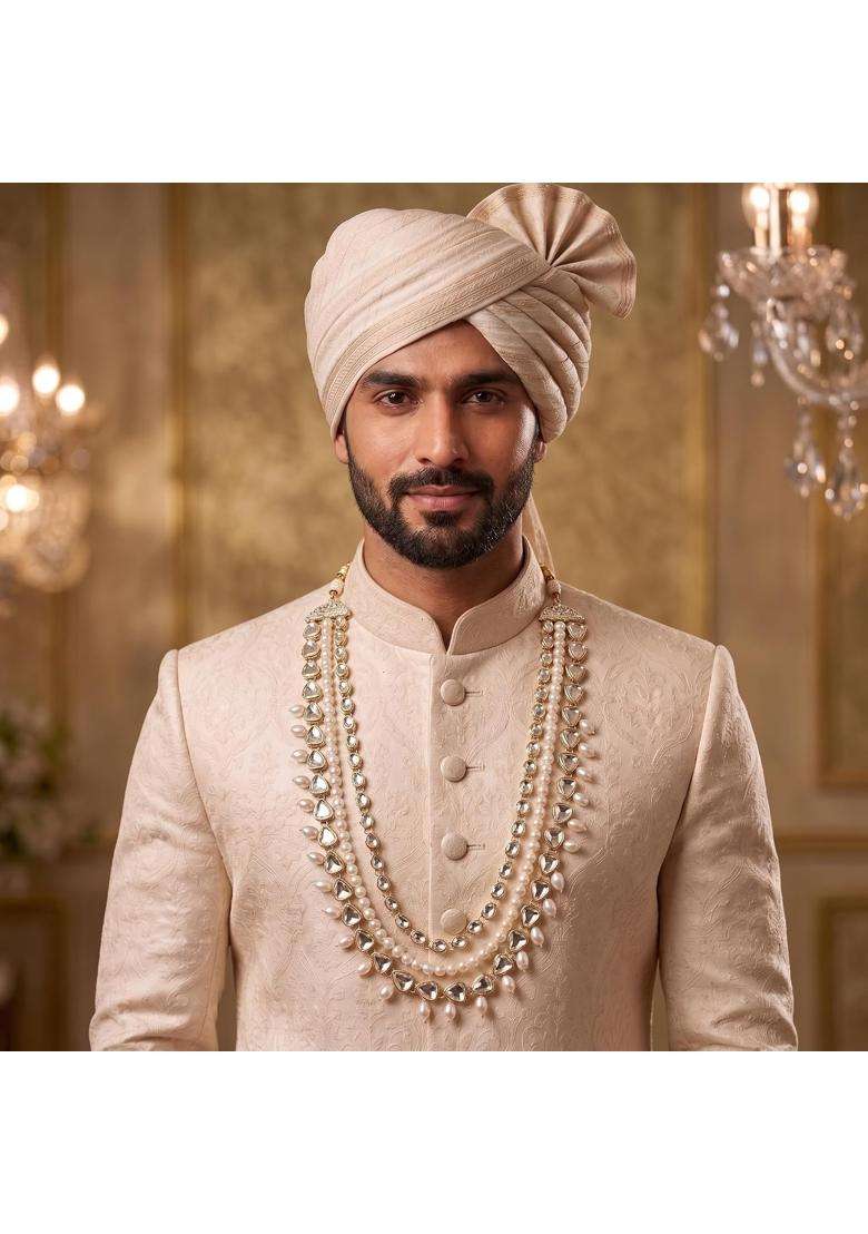 Jiyanshi Fashion White Royal Kundan and Pearl Groom Sherwani Mala - Indya