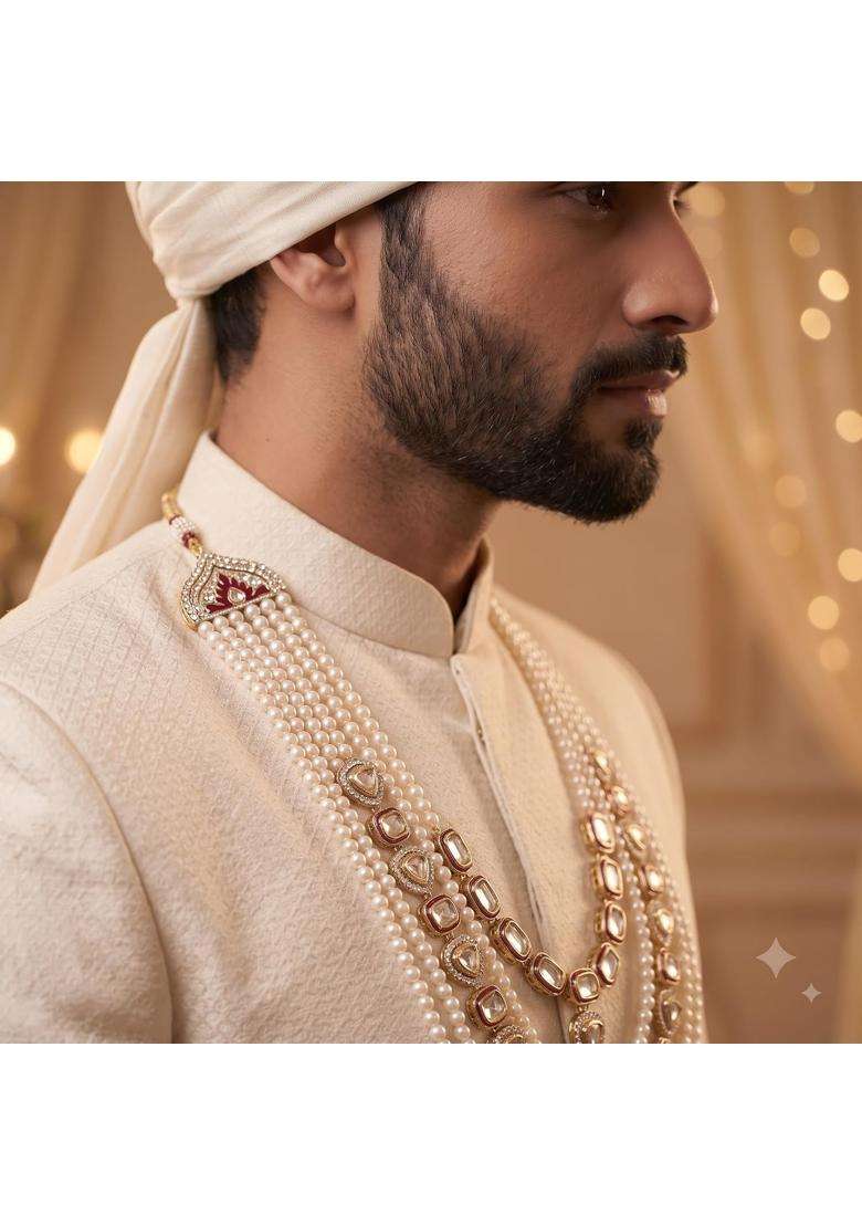 Jiyanshi Fashion Mens Multi Layered Kundan and Pearl Dulha Mala for Sherwani - Indya