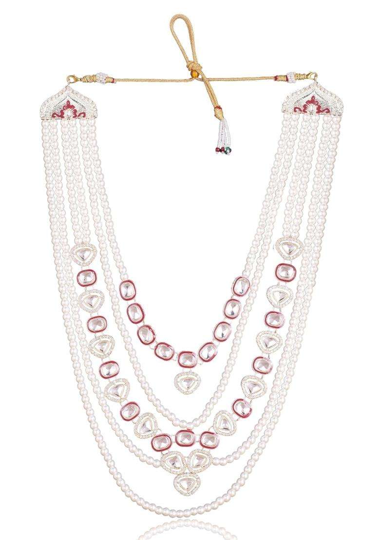 Jiyanshi Fashion Mens Maroon Kundan and Pearl Dulha Mala for Groom Sherwani - Indya
