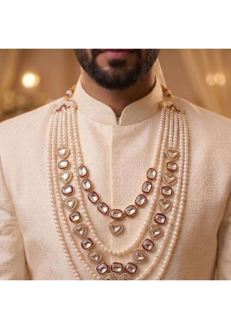 Jiyanshi Fashion Mens Maroon Kundan and Pearl Dulha Mala for Groom Sherwani - Indya