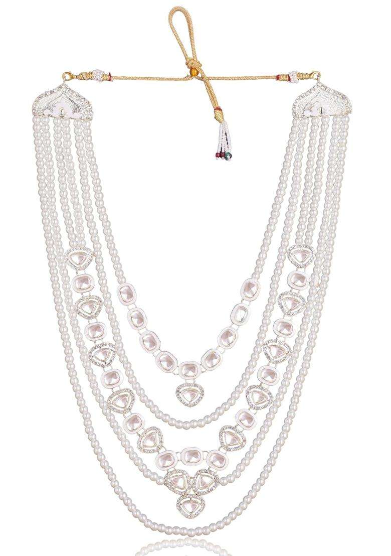Jiyanshi Fashion White Mens Kundan and Pearl Necklace for Kurta and Sherwani - Indya