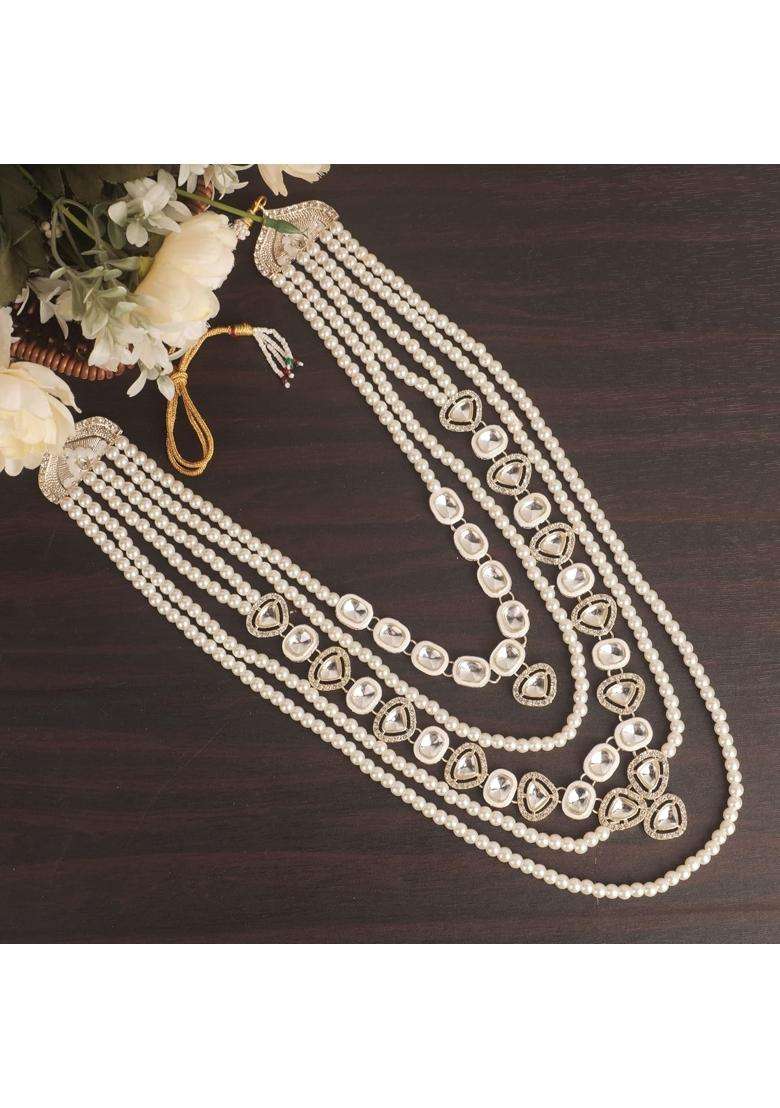 Jiyanshi Fashion White Mens Kundan and Pearl Necklace for Kurta and Sherwani - Indya