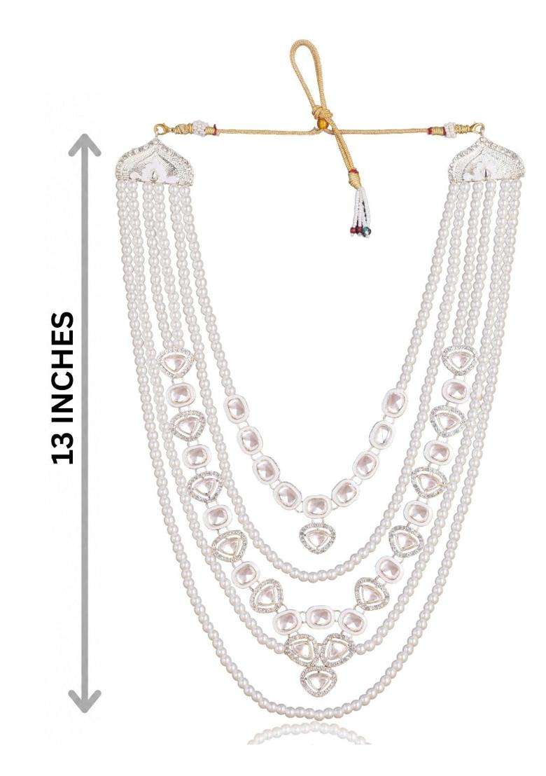 Jiyanshi Fashion White Mens Kundan and Pearl Necklace for Kurta and Sherwani - Indya