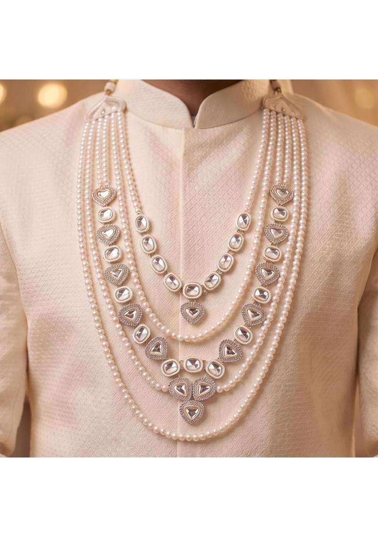 Jiyanshi Fashion White Mens Kundan and Pearl Necklace for Kurta and Sherwani - Indya