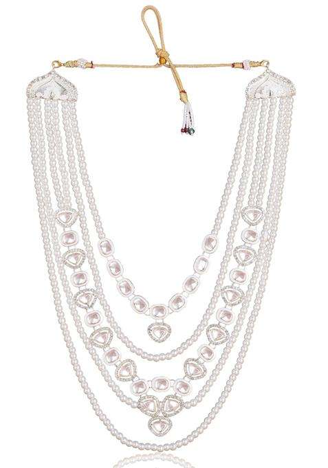 Jiyanshi Fashion White Mens Kundan and Pearl Necklace for Kurta and Sherwani