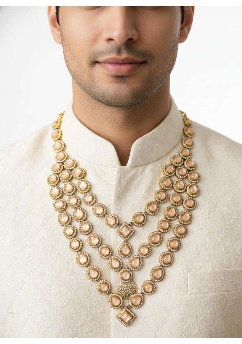 Sundar Vibes Groom Necklace for Men Wedding Kundan Mala Peach Stone Dulha Haar - Indya