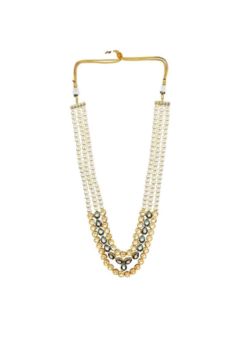 Jewellity Traditional Pearl Necklace Multi Strand Kundan Design Gold Plated with Green Tones for Groom - Indya