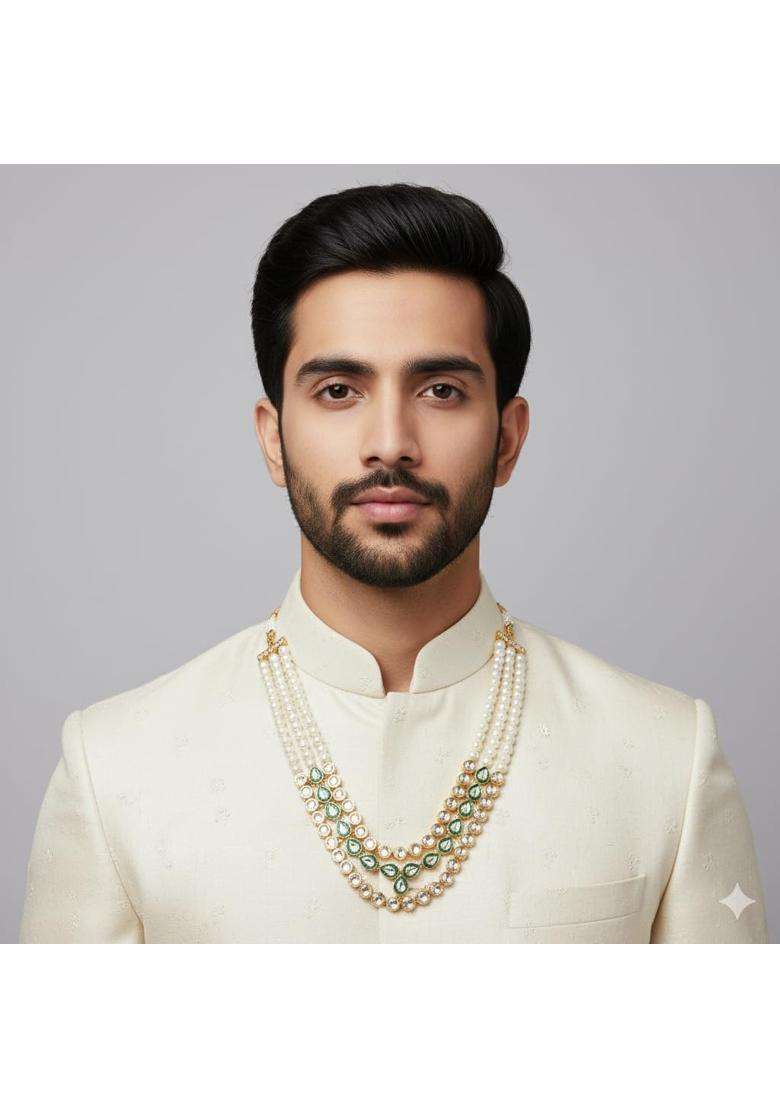 Jewellity Traditional Pearl Necklace Multi Strand Kundan Design Gold Plated with Green Tones for Groom - Indya
