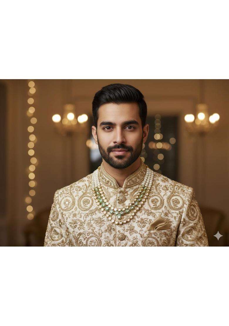 Jewellity Traditional Pearl Necklace Multi Strand Kundan Design Gold Plated with Green Tones for Groom - Indya