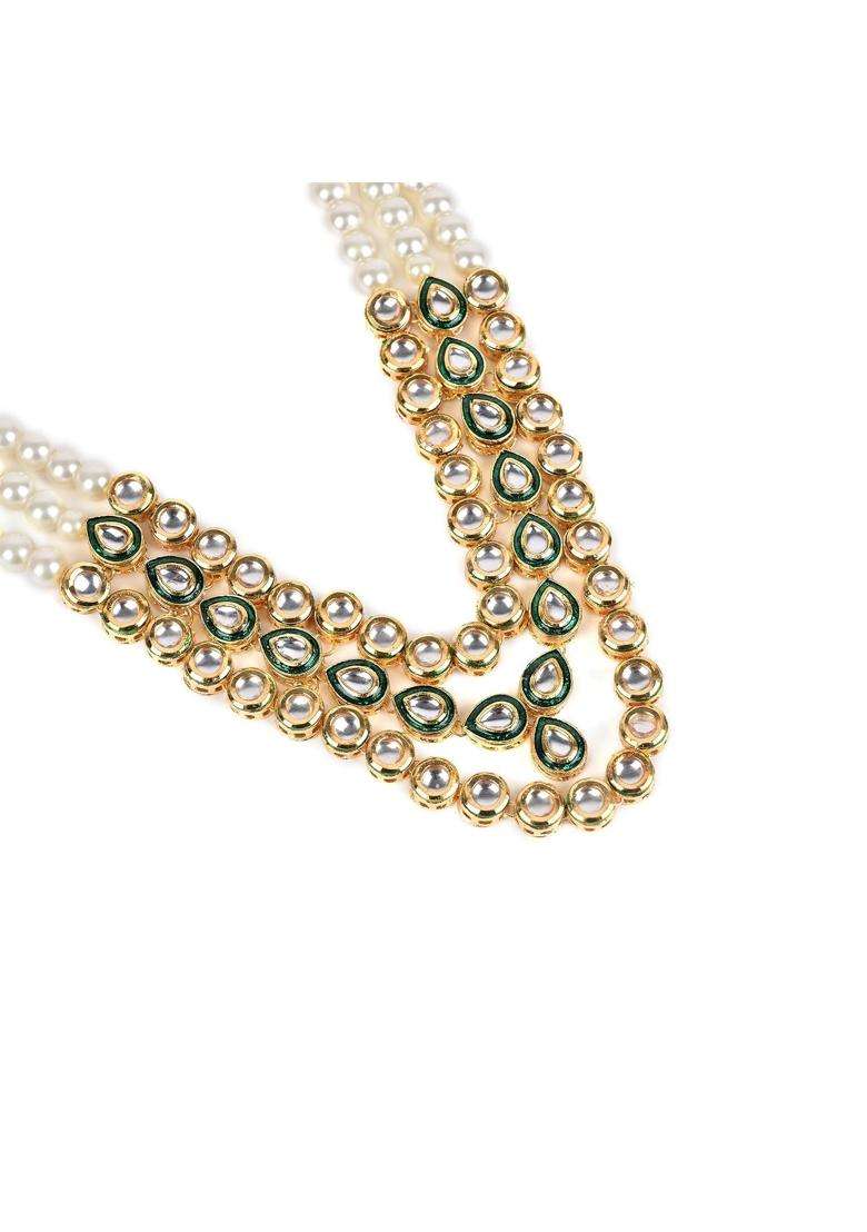 Jewellity Traditional Pearl Necklace Multi Strand Kundan Design Gold Plated with Green Tones for Groom - Indya