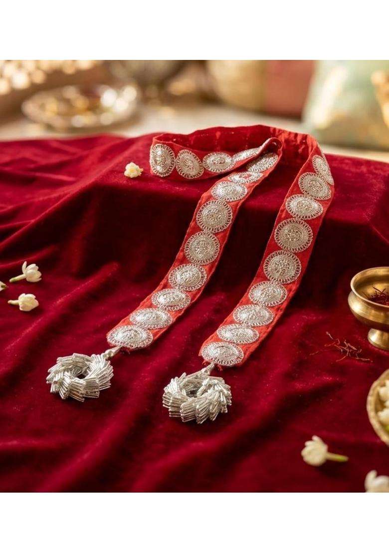 Moh and Maya Barati Mala with Silver Jalebi Latkan Cotton Wedding Swagat Dupatta for Sherwani Mala Necklace - Indya