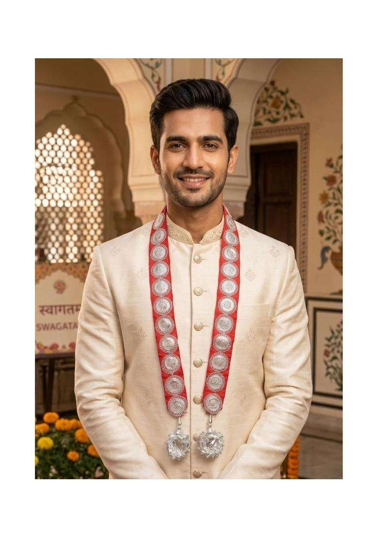 Moh and Maya Barati Mala with Silver Jalebi Latkan Cotton Wedding Swagat Dupatta for Sherwani Mala Necklace - Indya
