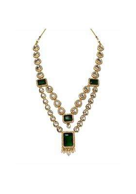 I Jewels 2 Layered Traditional Kundan Studded Green Stone Mala Maharaja Haar Groom Long Necklace for Men