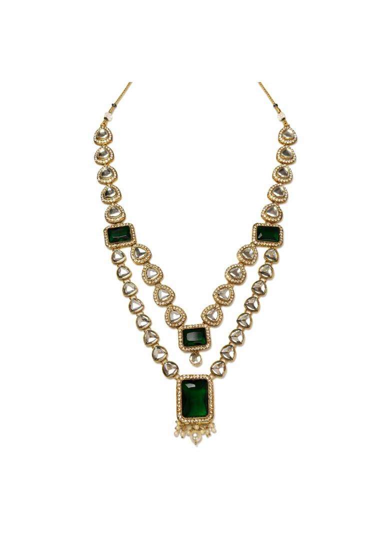 I Jewels 2 Layered Traditional Kundan Studded Green Stone Mala Maharaja Haar Groom Long Necklace for Men - Indya