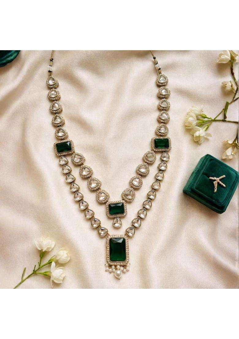 I Jewels 2 Layered Traditional Kundan Studded Green Stone Mala Maharaja Haar Groom Long Necklace for Men - Indya