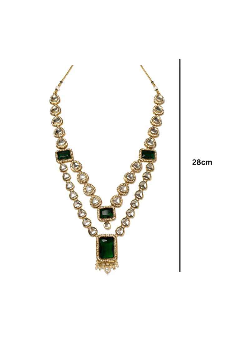 I Jewels 2 Layered Traditional Kundan Studded Green Stone Mala Maharaja Haar Groom Long Necklace for Men - Indya