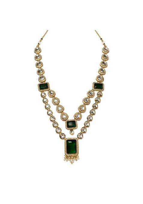 I Jewels 2 Layered Traditional Kundan Studded Green Stone Mala Maharaja Haar Groom Long Necklace for Men