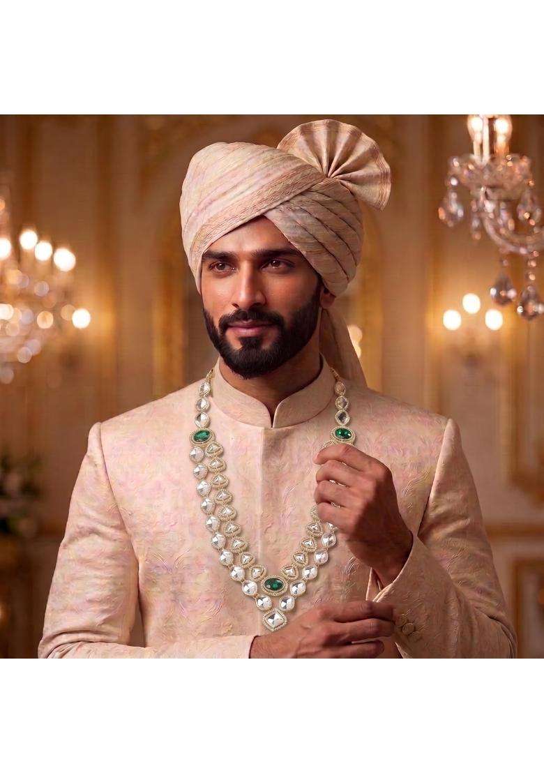 Jiyanshi Fashion Green Mens Kundan Necklace for Groom Traditional Ethnic Wedding Necklace - Indya