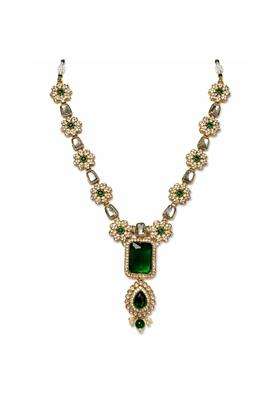 I Jewels Traditional Gold Plated Kundan Studded Green Stone Pendant Mala Maharaja Haar Groom Long Necklace