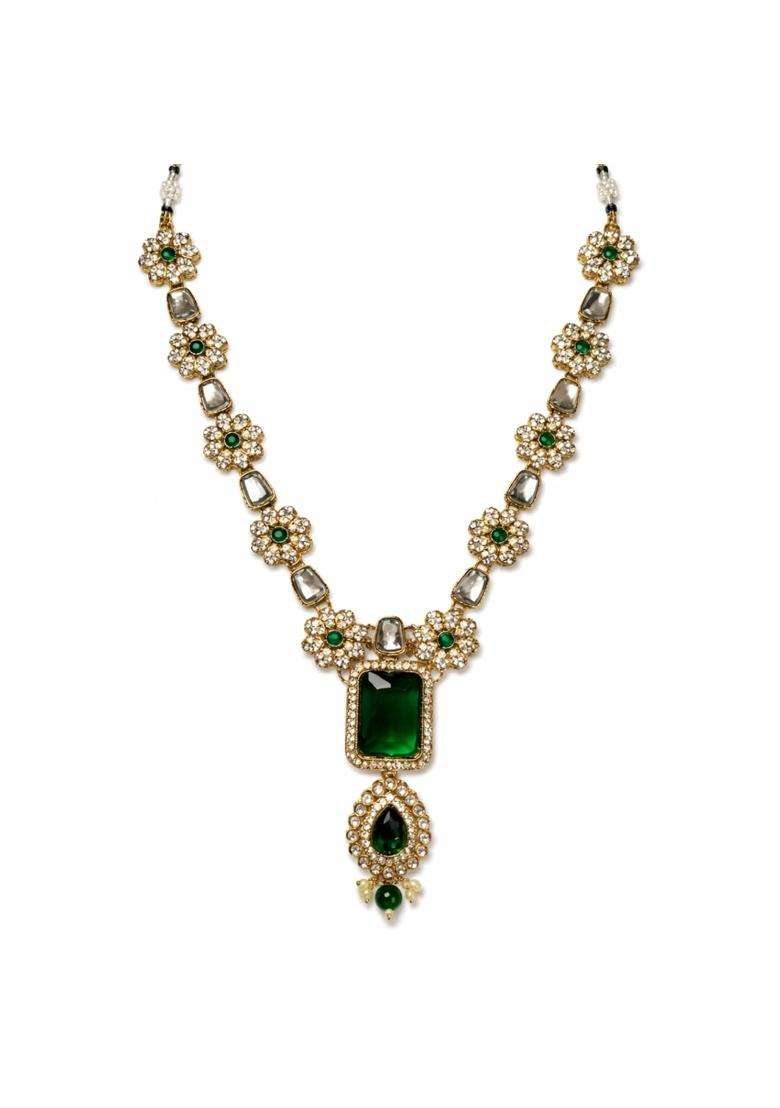 I Jewels Traditional Gold Plated Kundan Studded Green Stone Pendant Mala Maharaja Haar Groom Long Necklace - Indya