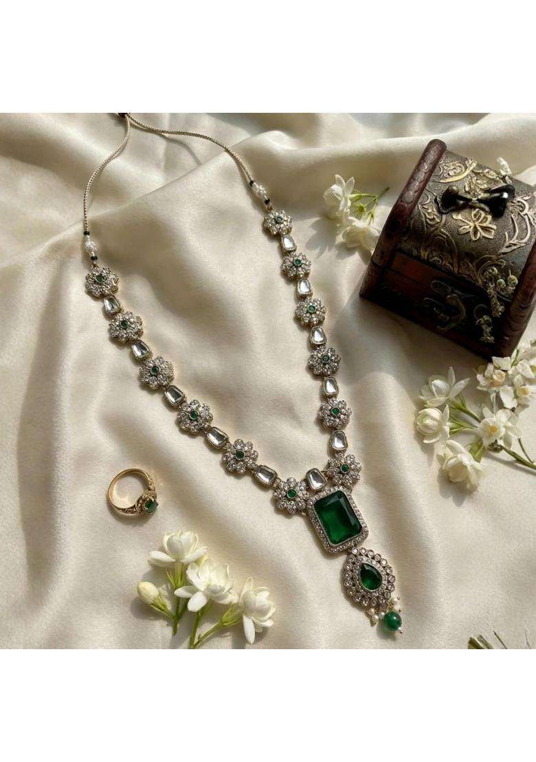 I Jewels Traditional Gold Plated Kundan Studded Green Stone Pendant Mala Maharaja Haar Groom Long Necklace - Indya