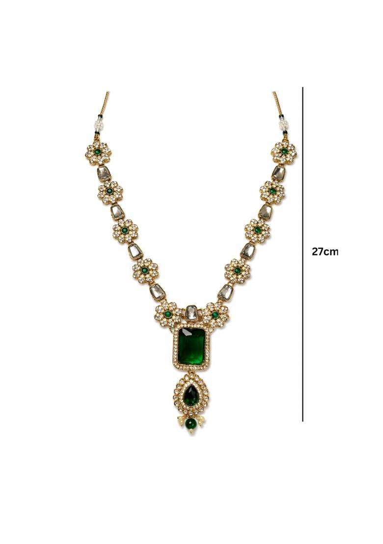 I Jewels Traditional Gold Plated Kundan Studded Green Stone Pendant Mala Maharaja Haar Groom Long Necklace - Indya