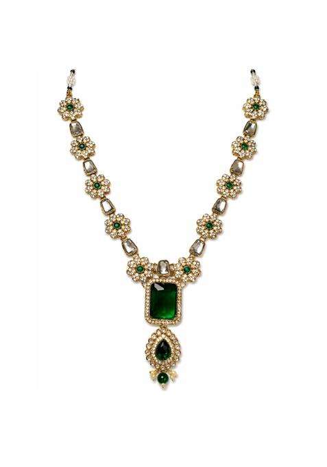 I Jewels Traditional Gold Plated Kundan Studded Green Stone Pendant Mala Maharaja Haar Groom Long Necklace